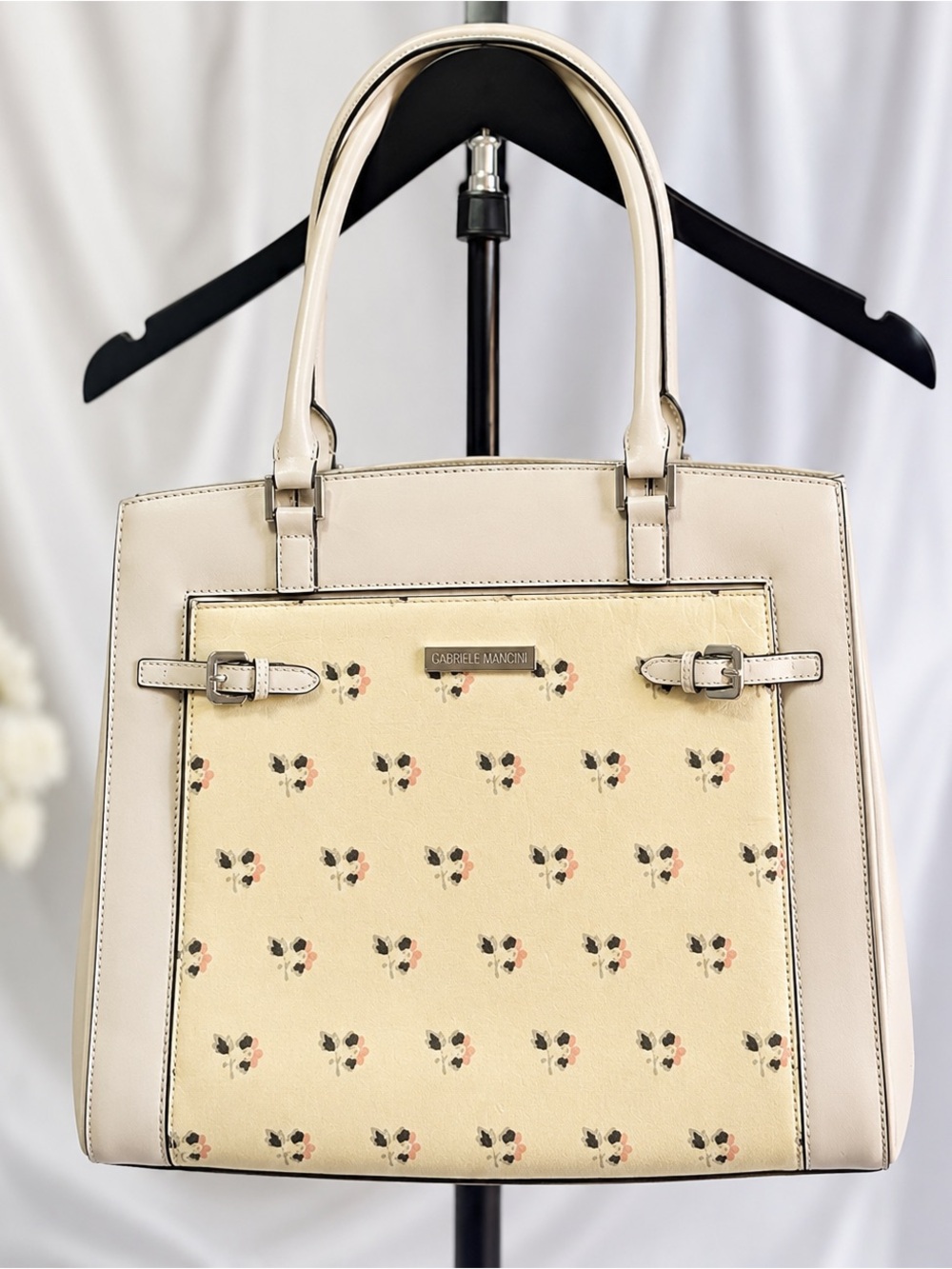 NEW Charles Jourdan Paris Grey Floral Leather Satchel Handbag Purse Elegant Chic
